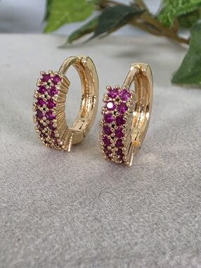 Gold Filled Huggie Hoop Earrings Fuschia Pink CZ Stone Accents New
